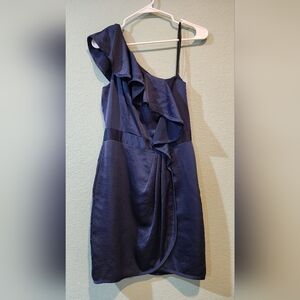 BCBGeneration One Shoulder Ruffle Navy Blue Satin Type Cocktail Mini Dress Sz 6